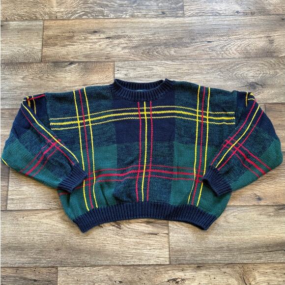 Vintage Sweaters - Vintage 90s Cropped Plaid Tartan Knit Sweater